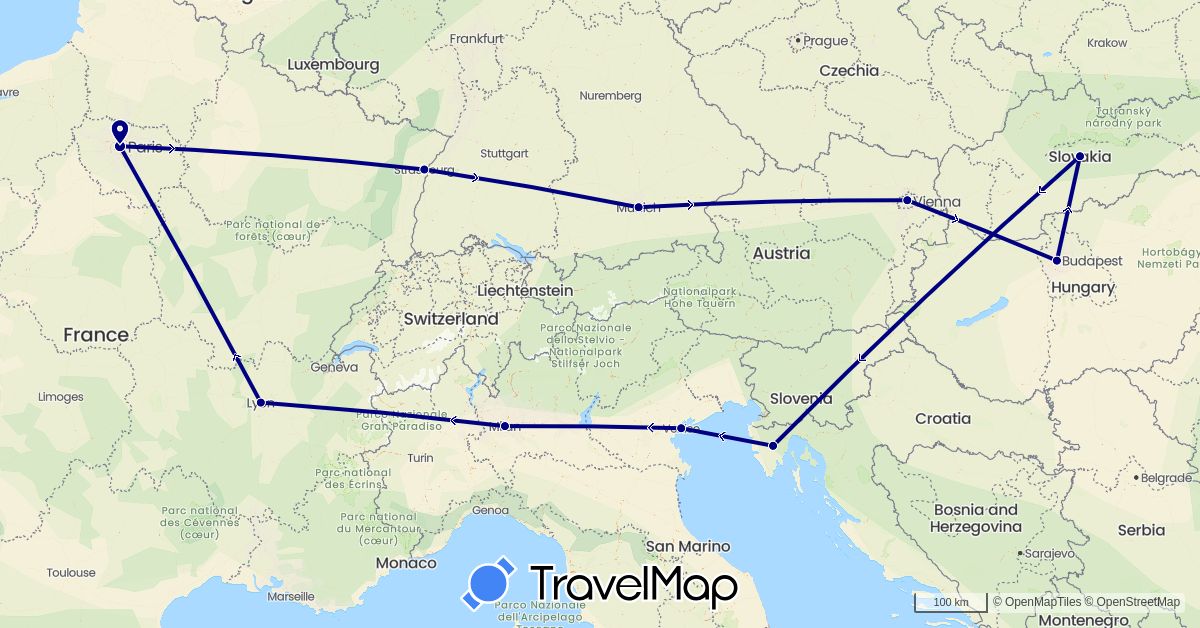TravelMap itinerary: driving in Austria, Germany, France, Croatia, Hungary, Italy, Slovakia (Europe)